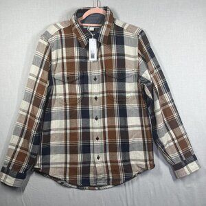 Outerknown Blanket Shirt Mens Medium Brown Blue Plaid Organic Cotton Flannel